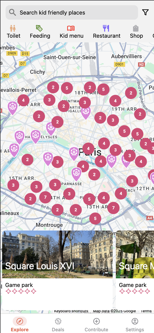 Kid-friendly places map application screen
